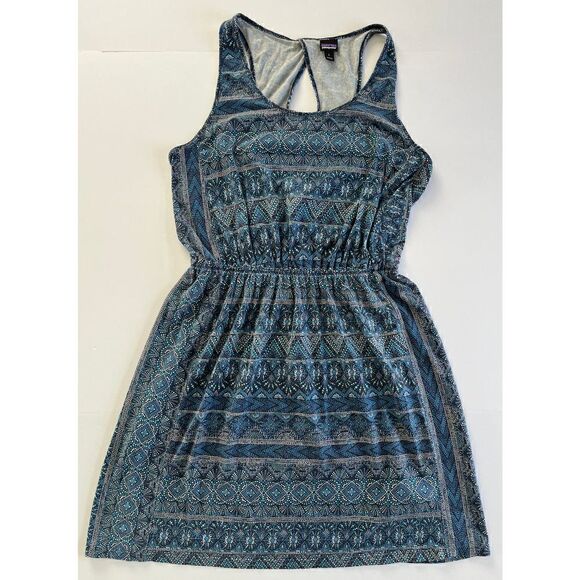Patagonia West Ashley Organic Cotton Keyhole Back Blue Mosaic Dress Size Large - Picture 7 of 13
